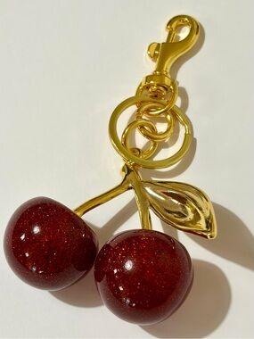 Gold-Tone Cherry keyChain/Bag Charm with Sparkling Red Cherries